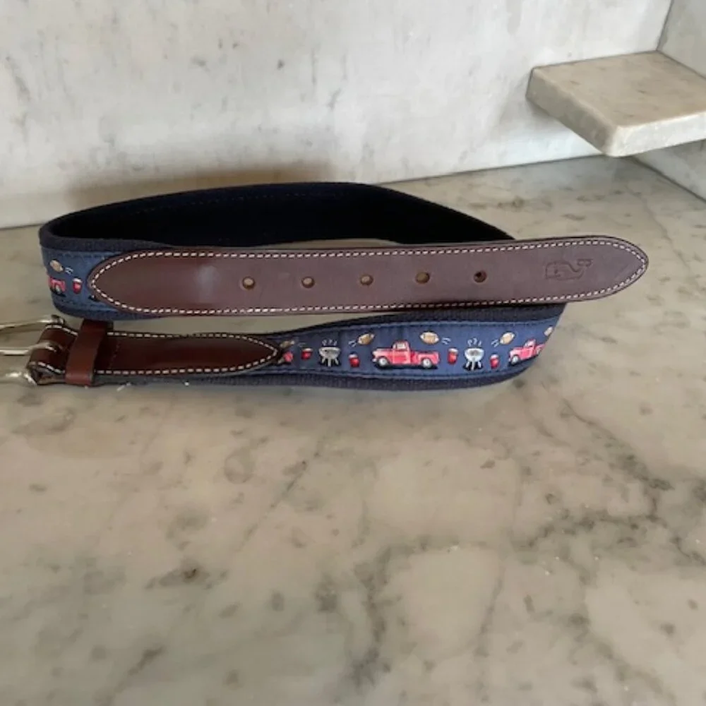 VINEYARD VINES Game Day Blue Ribbon D-Ring Belt Vintage 30